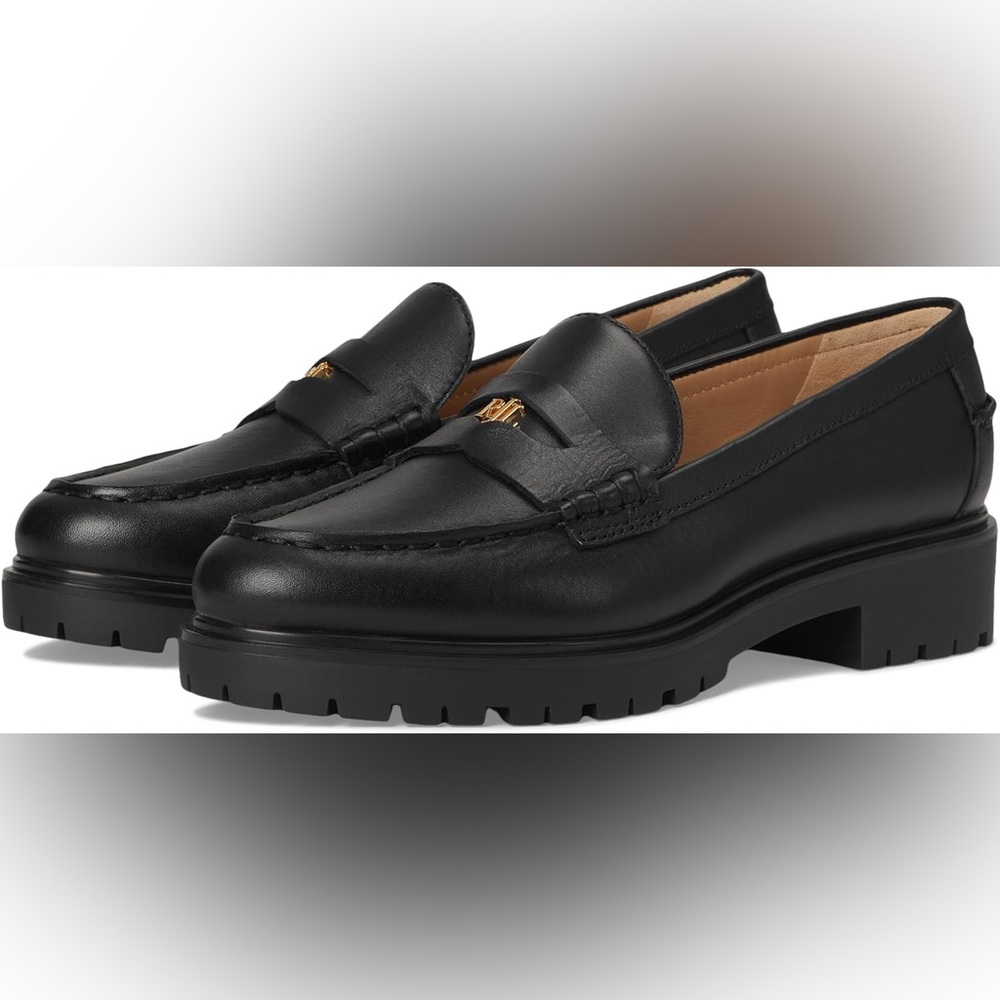 Lauren Ralph Lauren Black Leather Lug Sole Penny Loafers with Gold Accent